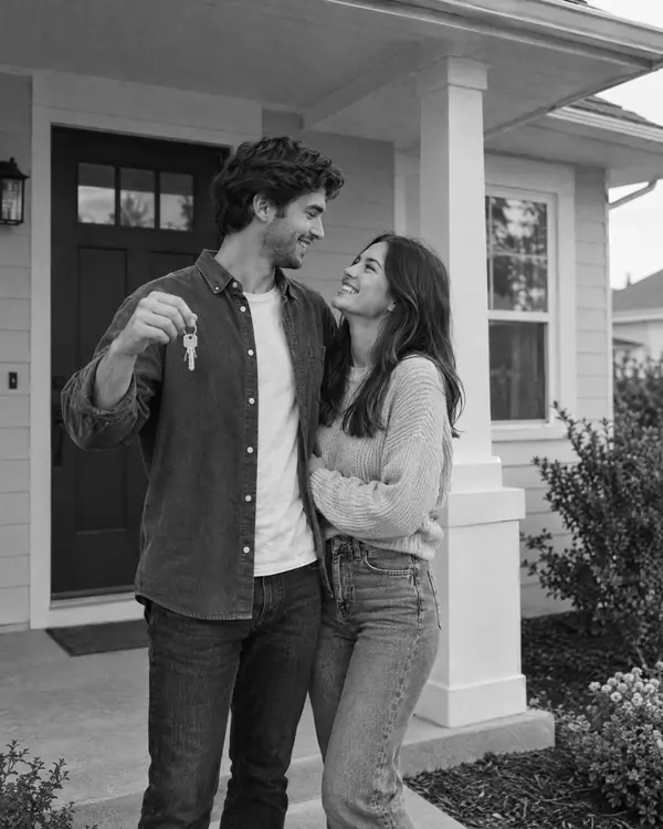 A young couple stands on the porch of their new house holding keys.