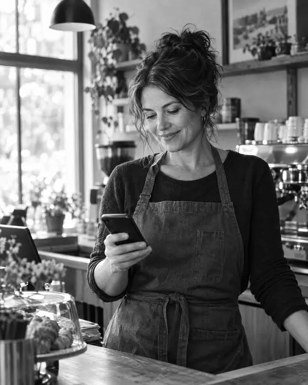 A coffee shop owner stands behind her counter and checks her phone.