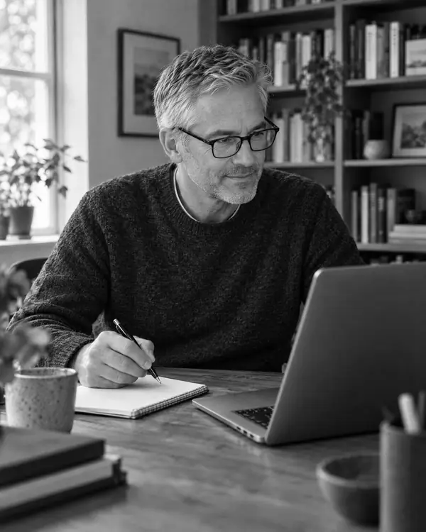 A man in his 50s compares health plans on his laptop at home.
