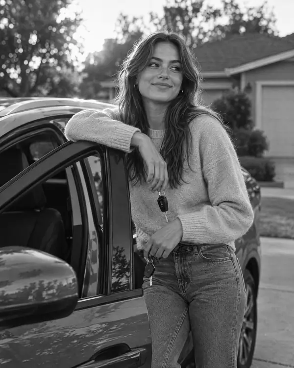 A young woman leans on her car door and holds her keys.